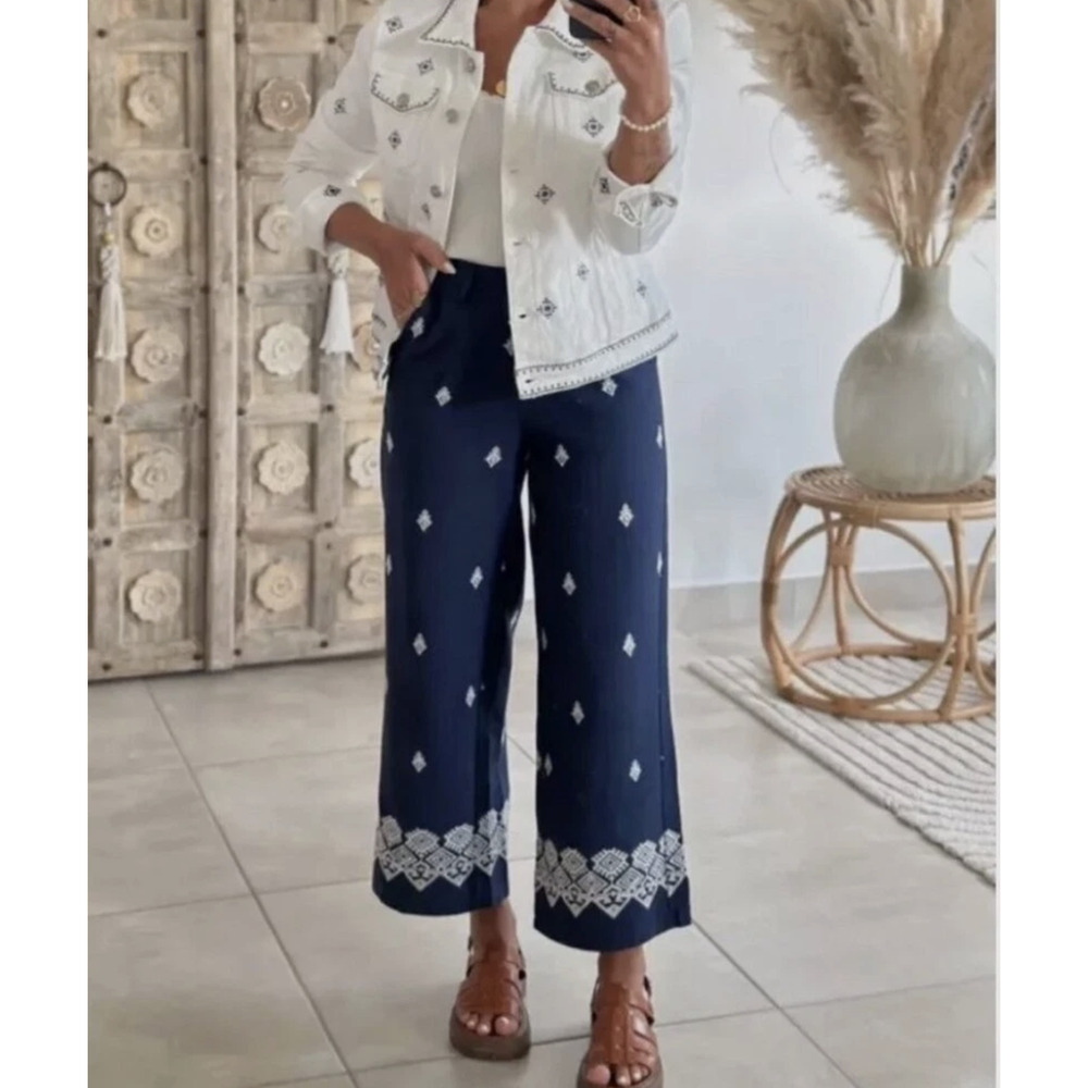 Zara Navy Blue White Geometric Embroidered Linen Bl Culottes Cropped Pants Sz M